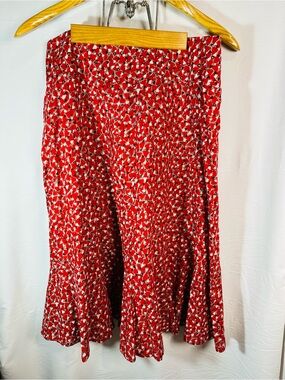 Red Printed A-Line Midi Skirt with Flared Hem